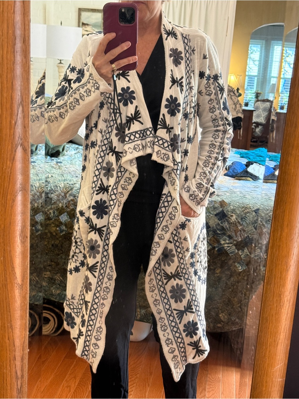 Embroidered Johnny Was as BIYA Cream & Black Open-Front Duster Cardigan
